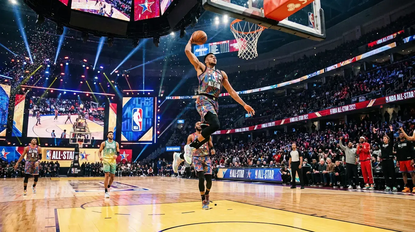 Jogadores NBA All-Star em acção numa quadra durante o jogo das estrelas