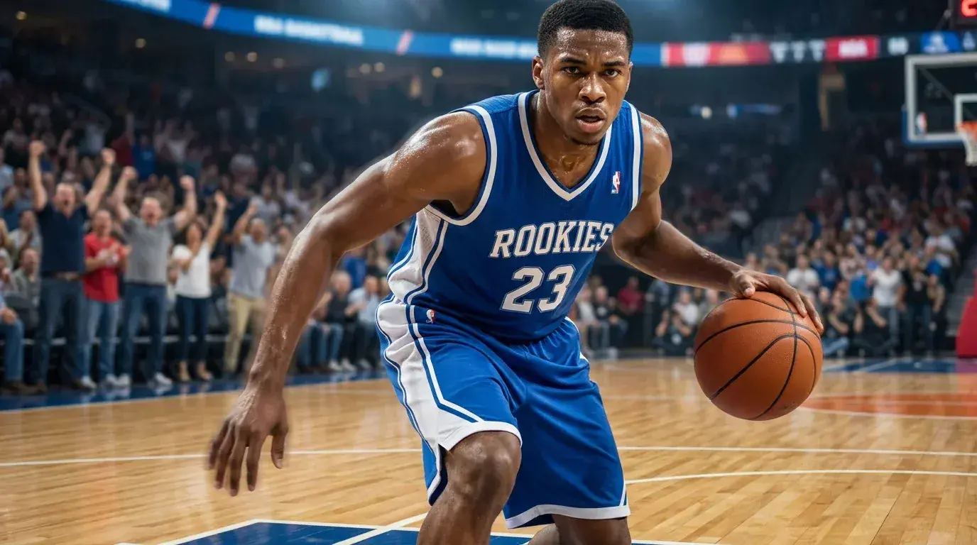 Jovem basquetebolista a driblar numa quadra NBA durante o seu primeiro jogo profissional