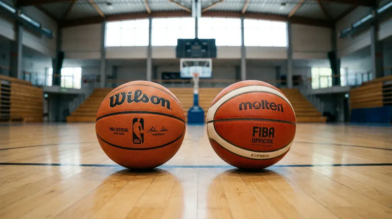 Bolas de basquetebol NBA e FIBA lado a lado numa quadra de pavilhão europeu