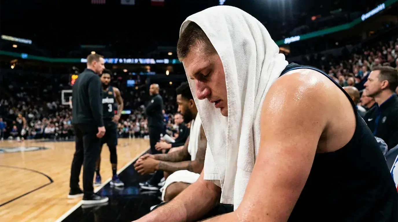 Jogador de basquetebol exausto sentado no banco com toalha sobre os ombros durante um jogo NBA
