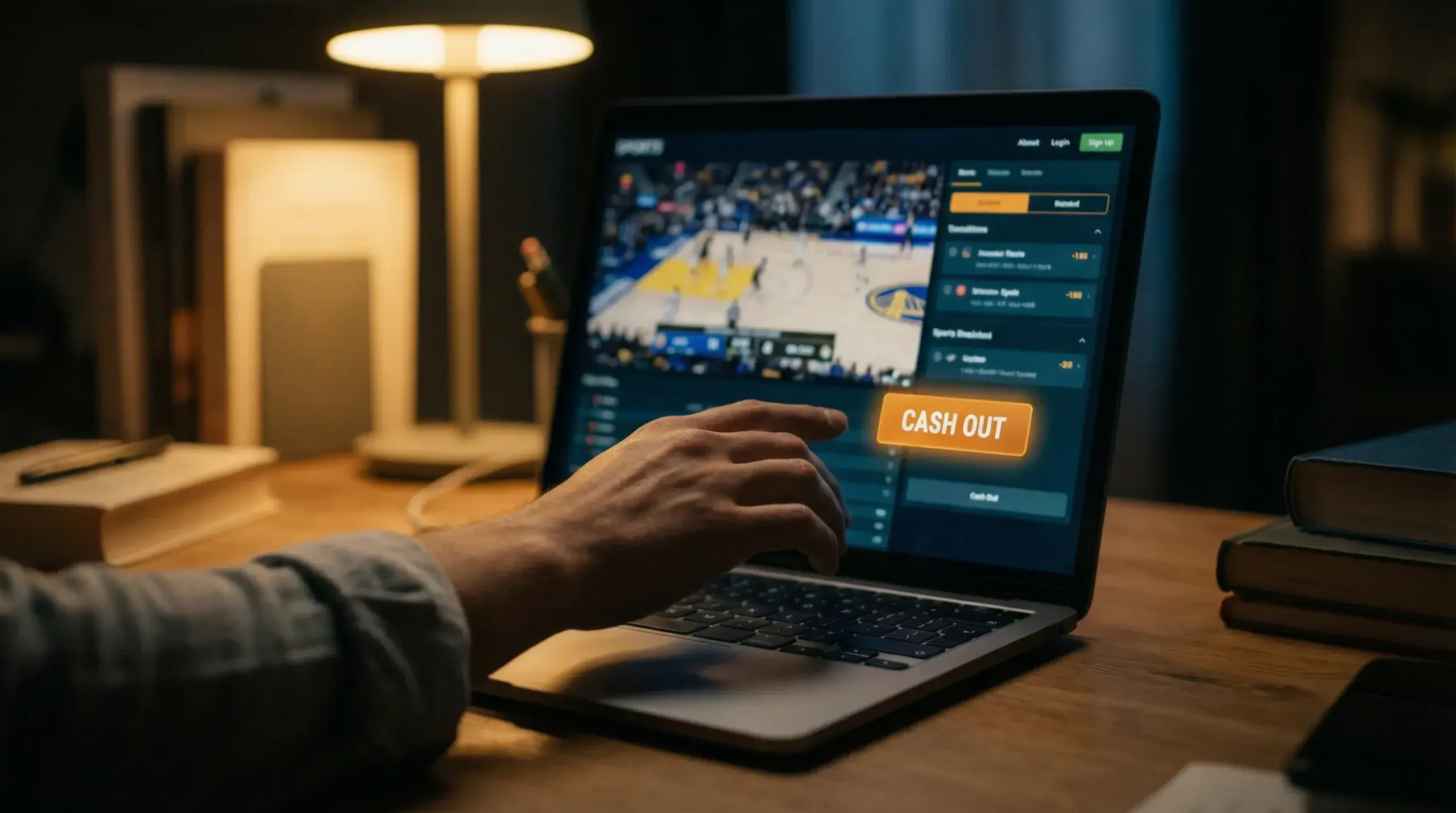 Mão a tocar num botão de cash out destacado num ecrã durante um jogo NBA