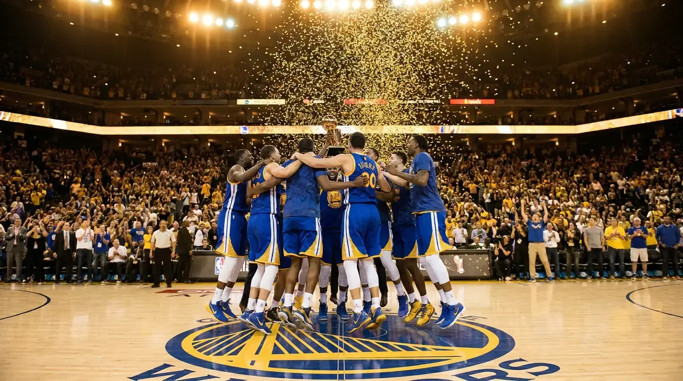 Equipa de basquetebol NBA a celebrar uma vitória ao centro da quadra num pavilhão cheio