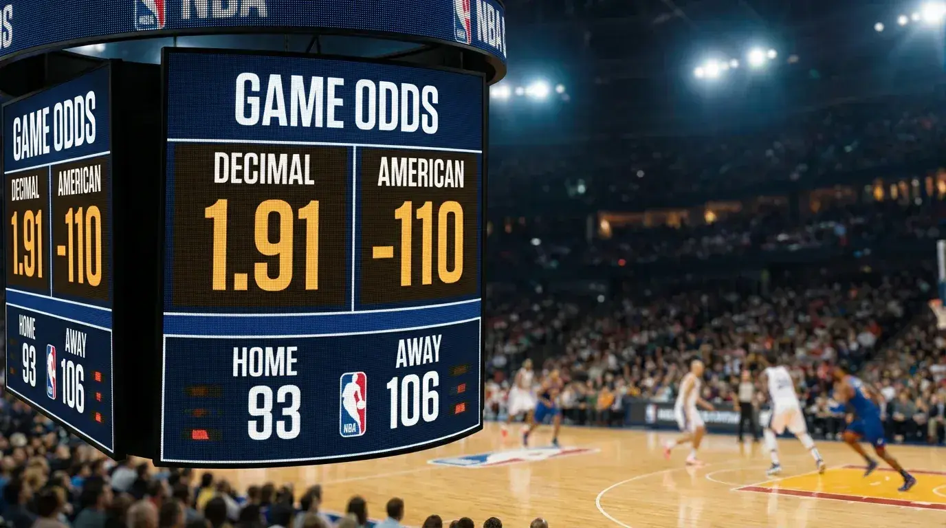 Marcador eletrónico de pavilhão NBA com cotações de jogo em formato decimal e americano lado a lado