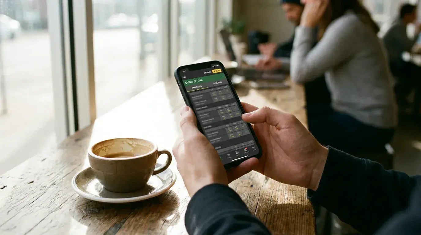 Pessoa a usar um telemóvel para gerir uma conta de apostas online numa mesa de café