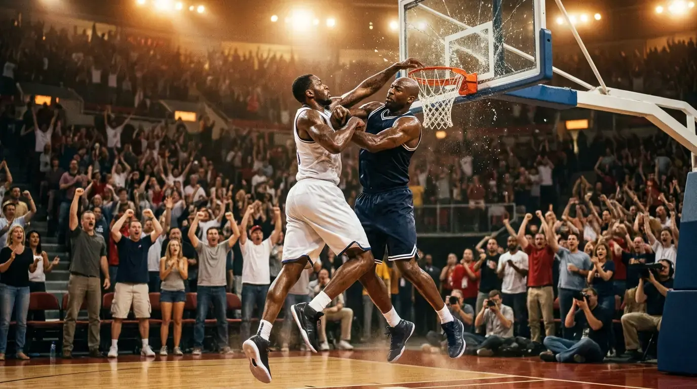 Dois jogadores de basquetebol da NBA em duelo individual sob o cesto num pavilhão profissional