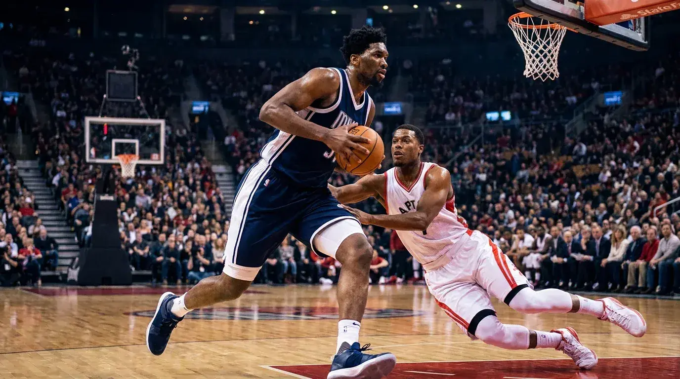 Jogador estrela de basquetebol NBA em condução de bola contra um defensor durante um jogo
