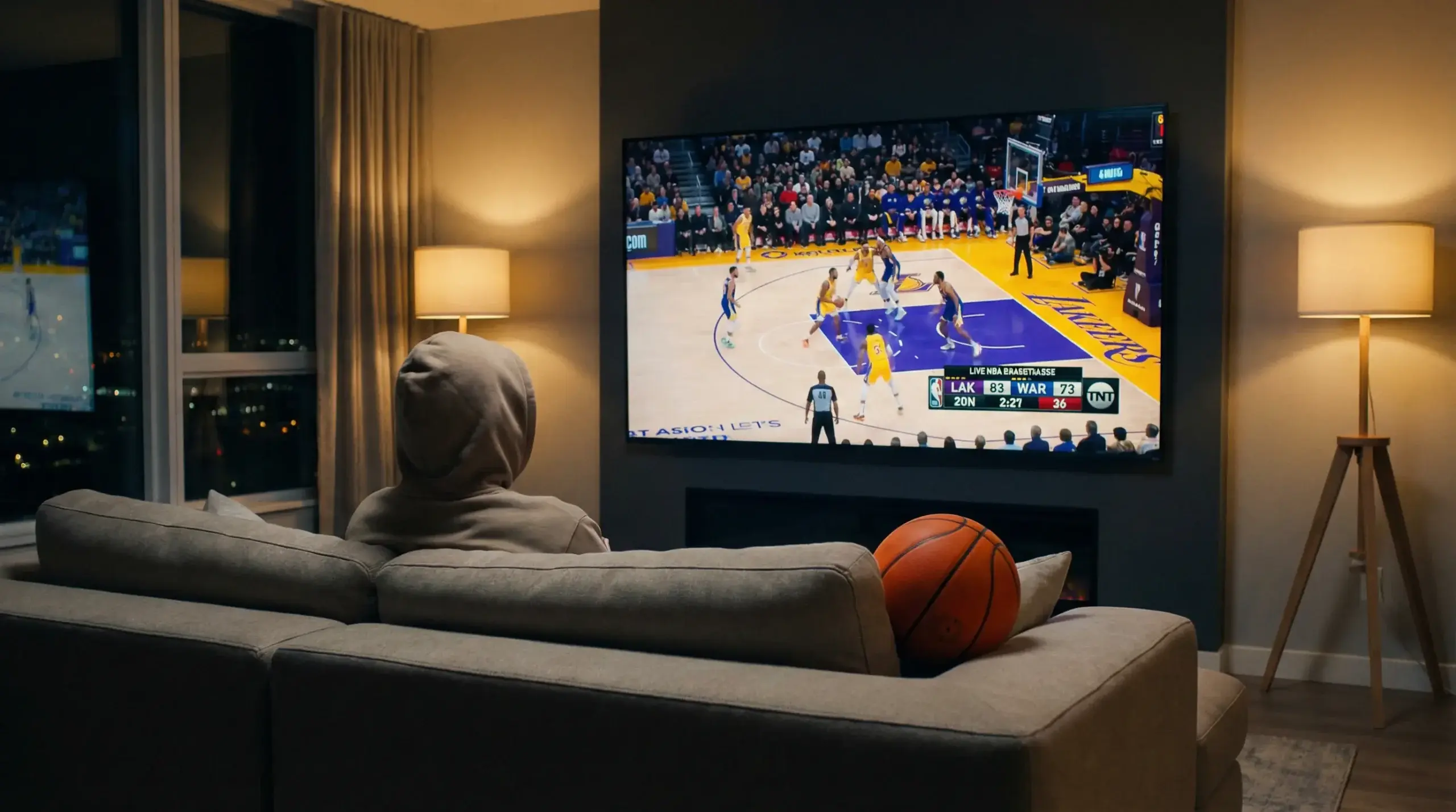 Adepto a ver um jogo NBA em casa com bola de basquetebol no sofá ao lado