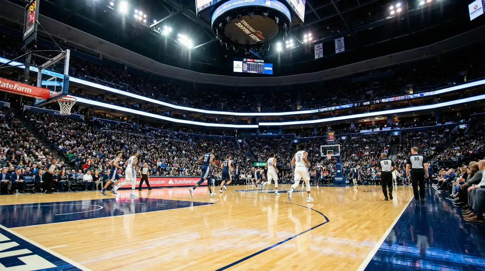 Vista lateral de uma quadra de basquetebol NBA durante um jogo num pavilhão profissional