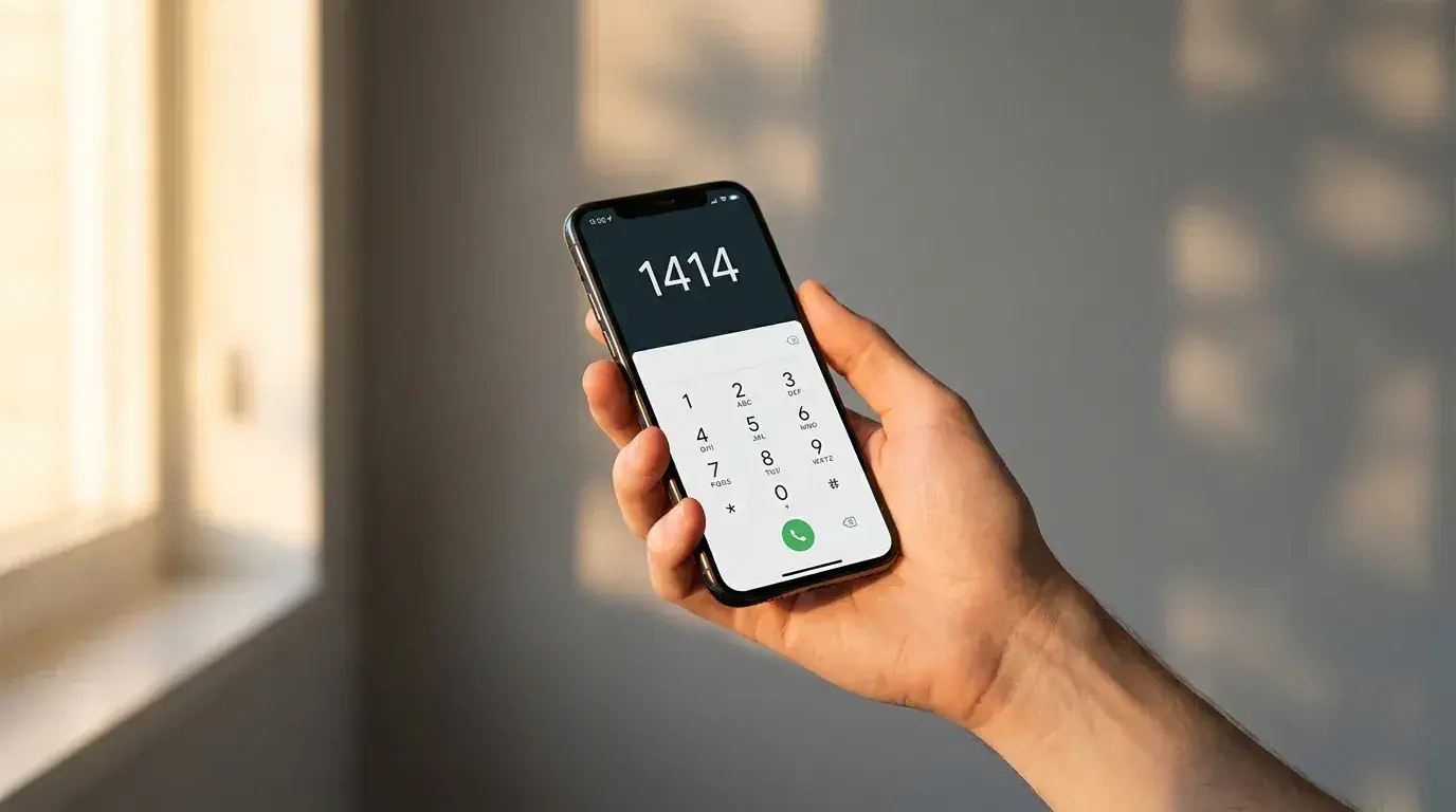 Mão a segurar um telefone com o número 1414 marcado no ecrã sobre fundo neutro