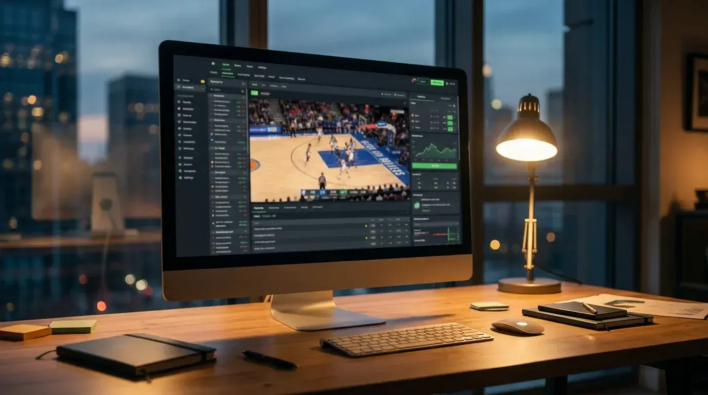 Ecrã de computador a transmitir em direto um jogo NBA dentro da interface de uma casa de apostas portuguesa