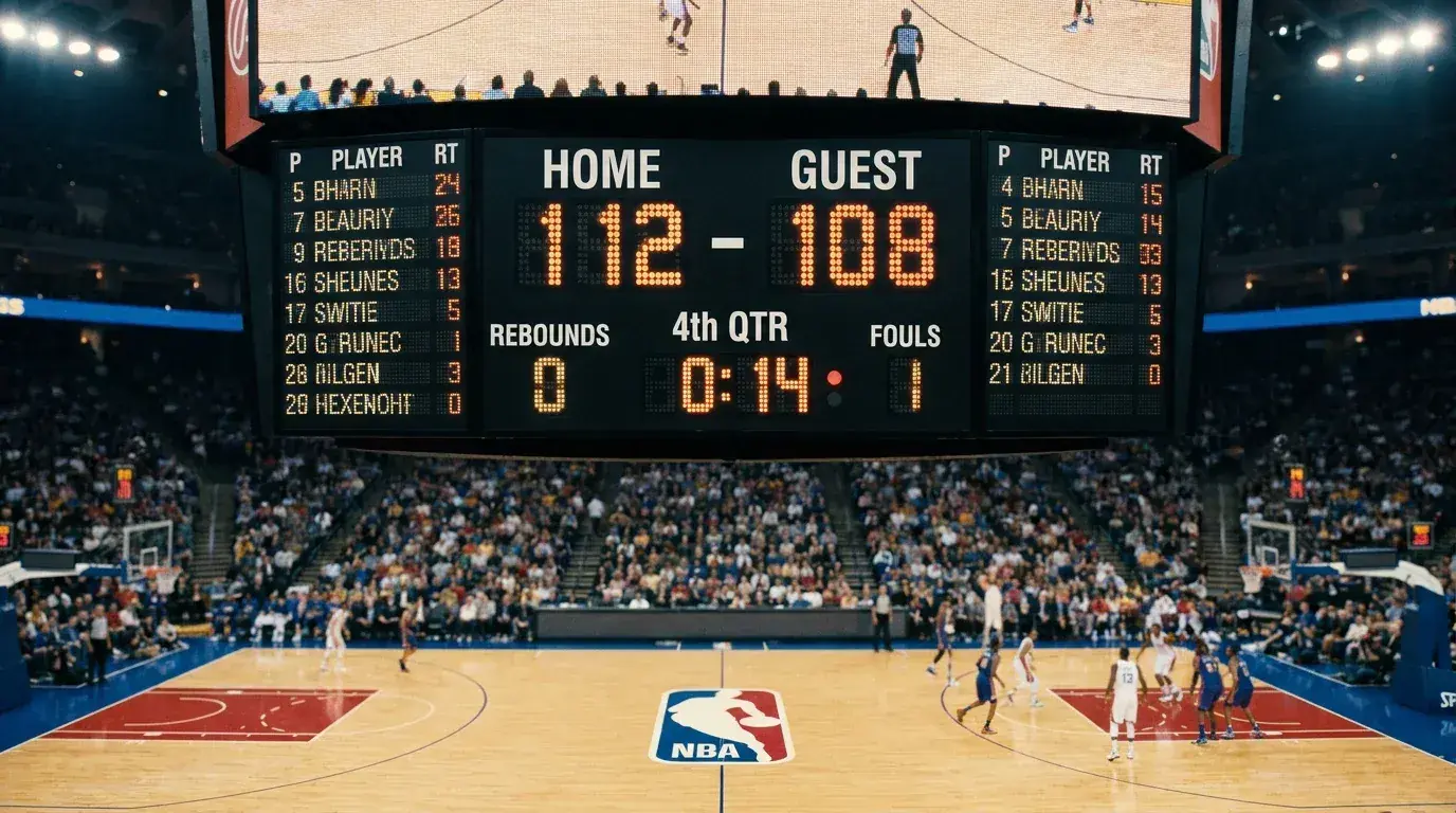 Tabela de pontuação electrónica de um pavilhão NBA durante um jogo da época regular