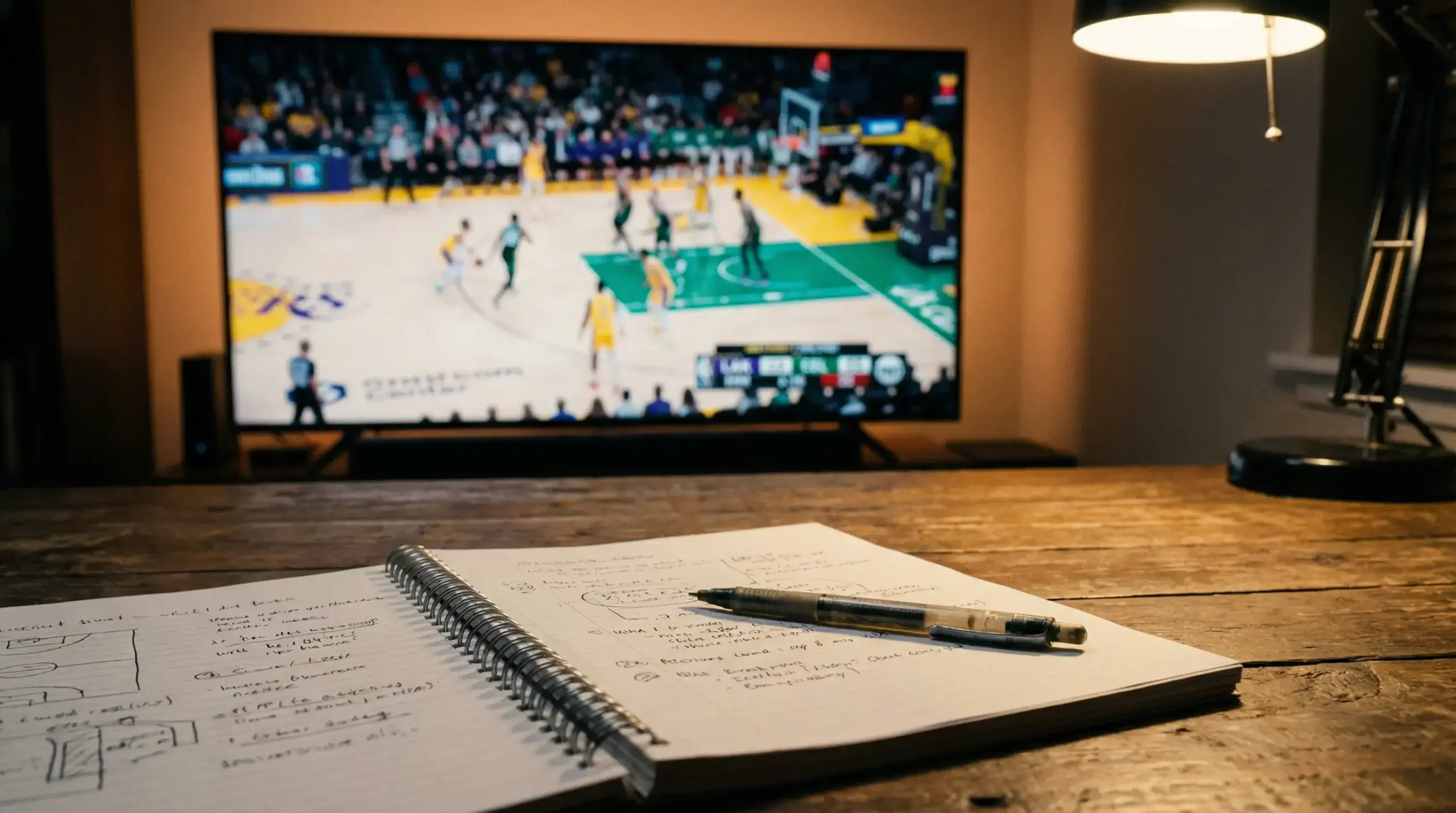 Caderno aberto com anotações de apostas NBA ao lado de um televisor a transmitir um jogo de basquetebol